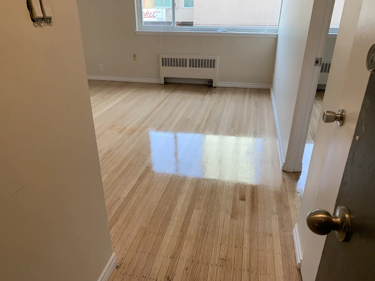 Refinished floor running through an apartment hallway