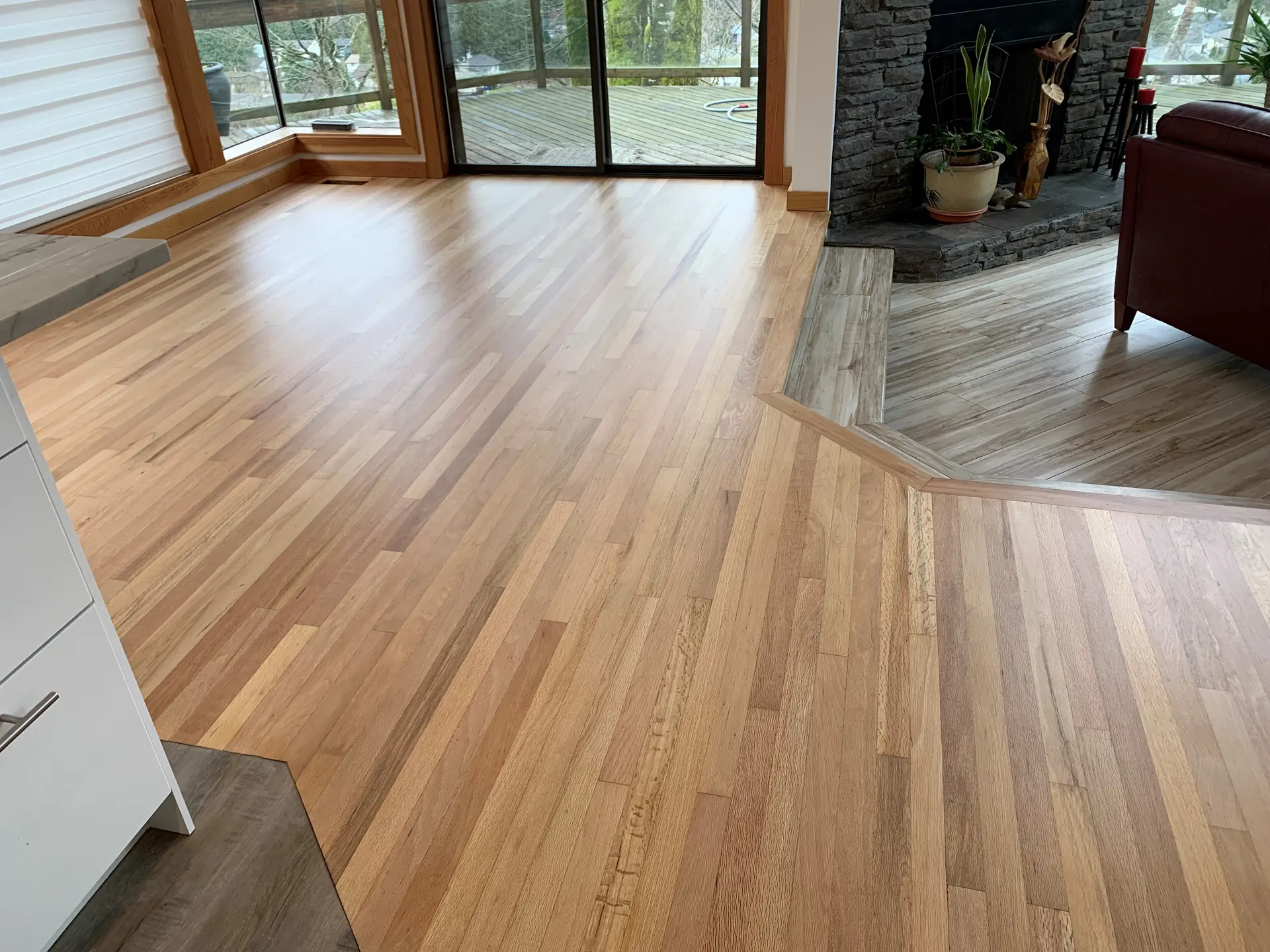 Red oak flooring in a living room, clear matte finish